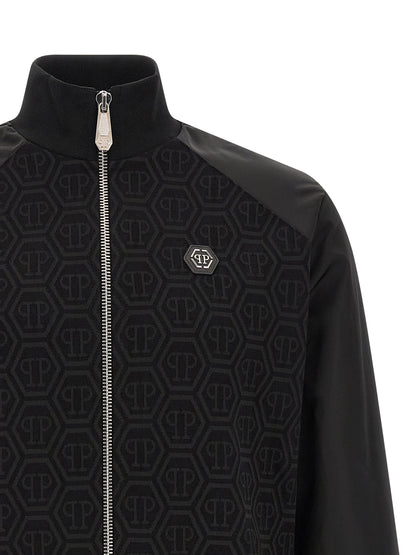 Sweatshirt by Philipp Plein for men in stretch polyester cotton black, jacquard & monogram presents a smart casual silhouette, featuring a smart casual high-neck neckline and for a sophisticated look.
