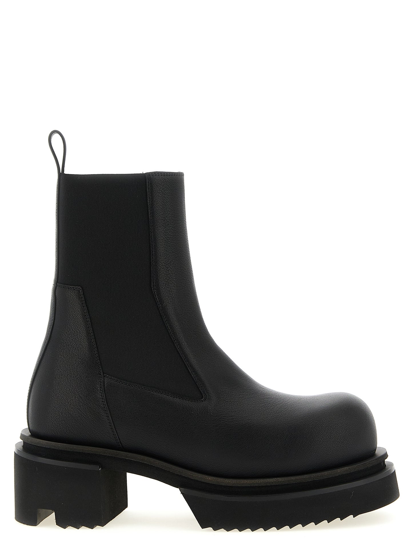 Platform Ankle Boots by Rick Owens for men in goatskin leather black & natural features an effortless chic silhouette from the Men's Goatskin Leather Platform Ankle Boots collection, showcasing a effortless chic platform and refined for an effortless chic look.