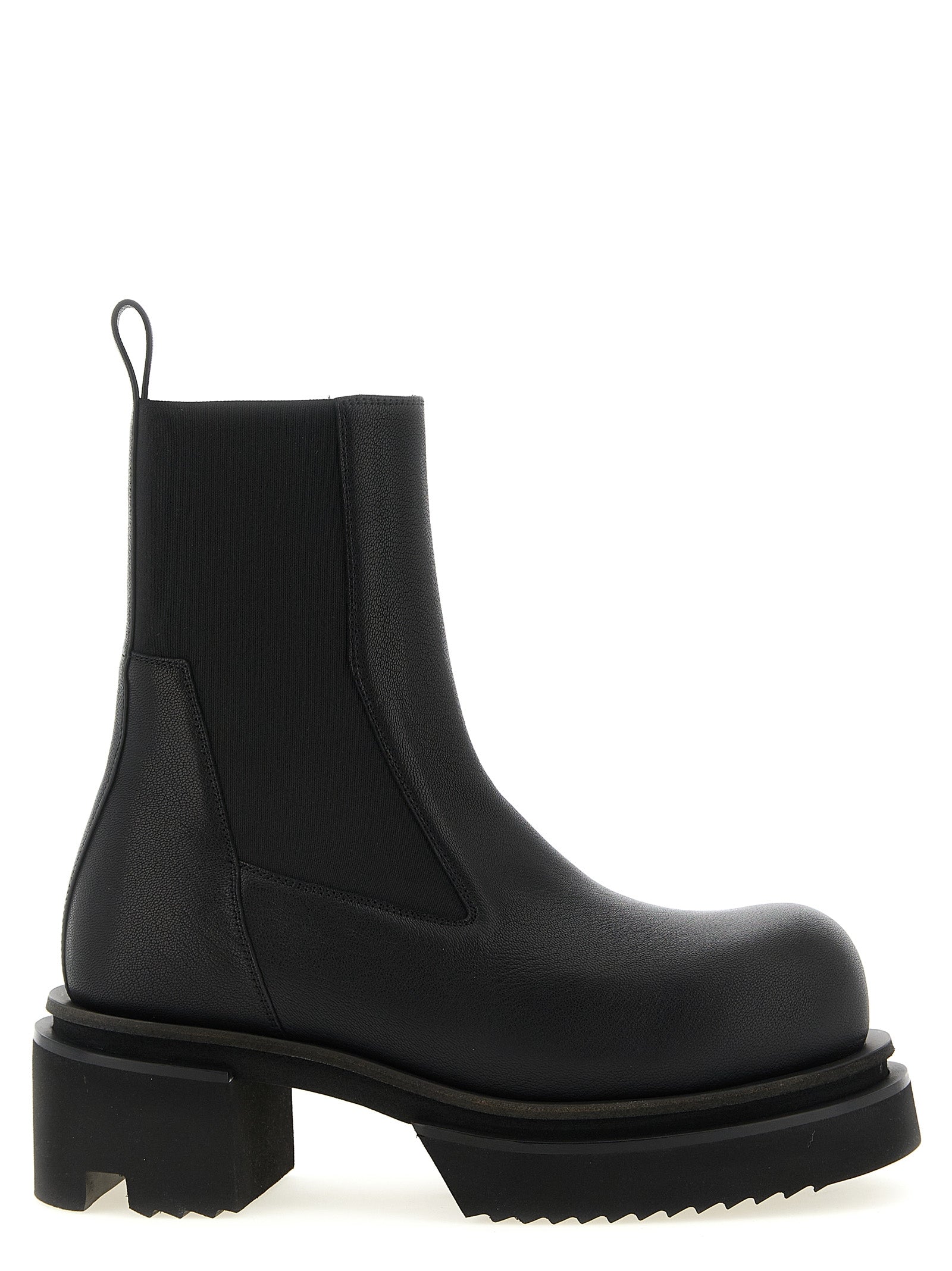 Platform Ankle Boots by Rick Owens for men in goatskin leather black & natural features an effortless chic silhouette from the Men's Goatskin Leather Platform Ankle Boots collection, showcasing a effortless chic platform and refined for an effortless chic look.