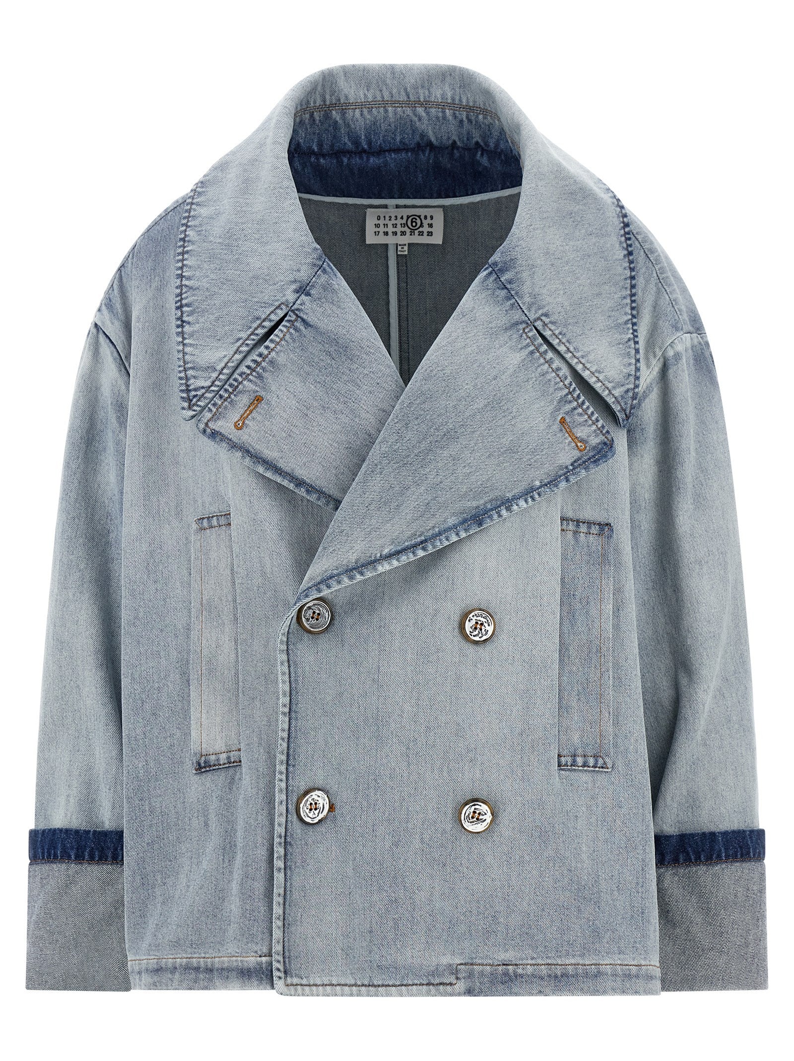 Trucker Jacket by MM6 Maison Margiela for women in denim cotton light-blue, white & signature features an contemporary silhouette, showcasing a sophisticated asymmetric lapel neckline and contemporary for a truly refined look.