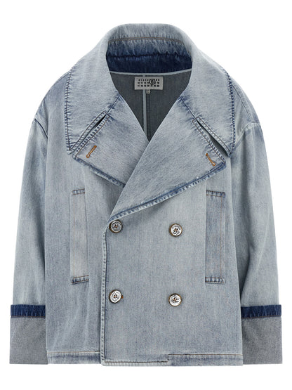 Trucker Jacket by MM6 Maison Margiela for women in denim cotton light-blue, white & signature features an contemporary silhouette, showcasing a sophisticated asymmetric lapel neckline and contemporary for a truly refined look.