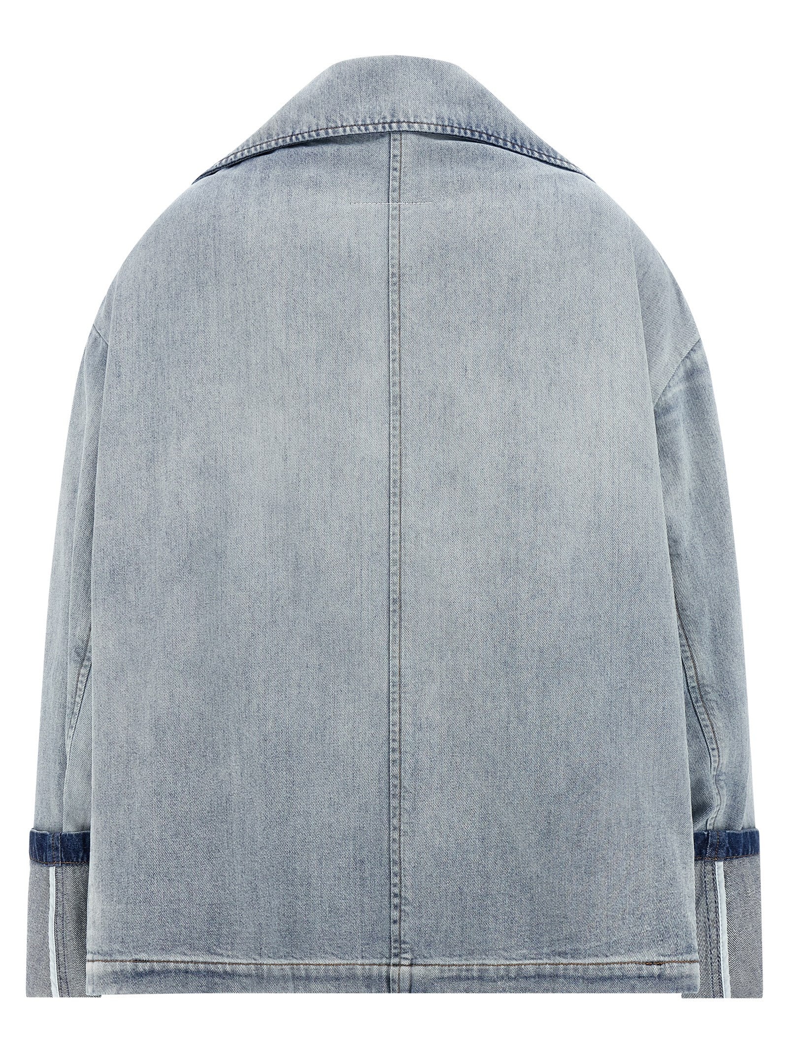 Trucker Jacket by MM6 Maison Margiela for women in denim cotton light-blue, white & signature features an on trend silhouette, showcasing refined and a sophisticated asymmetric lapel neckline for a truly on trend finish.