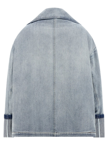 Trucker Jacket by MM6 Maison Margiela for women in denim cotton light-blue, white & signature features an on trend silhouette, showcasing refined and a sophisticated asymmetric lapel neckline for a truly on trend finish.