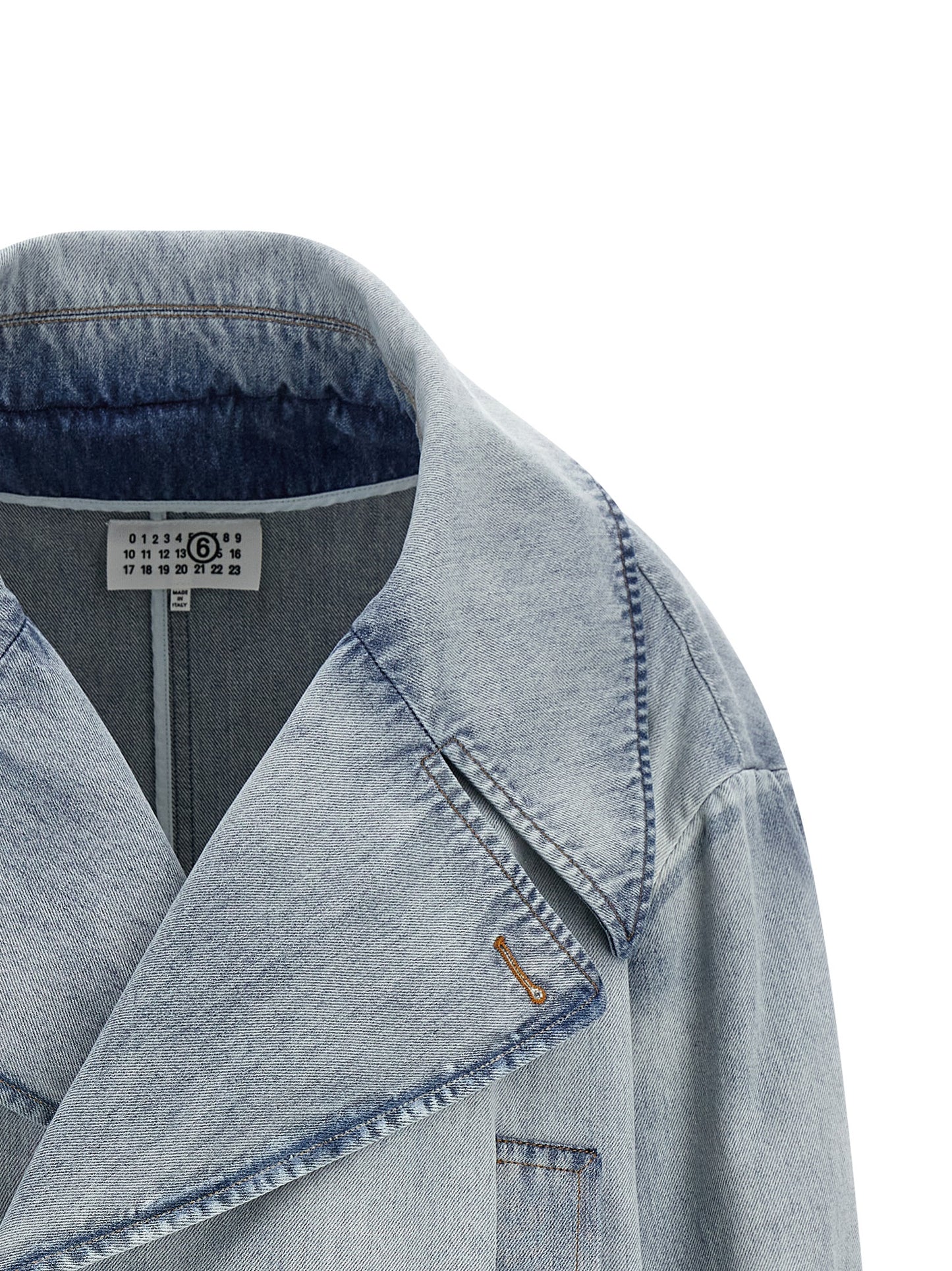 Trucker Jacket by MM6 Maison Margiela for women in denim cotton light-blue, white & signature showcases a bohemian silhouette, artfully detailed with a bohemian asymmetric lapel neckline and signature for a truly bohemian finish.