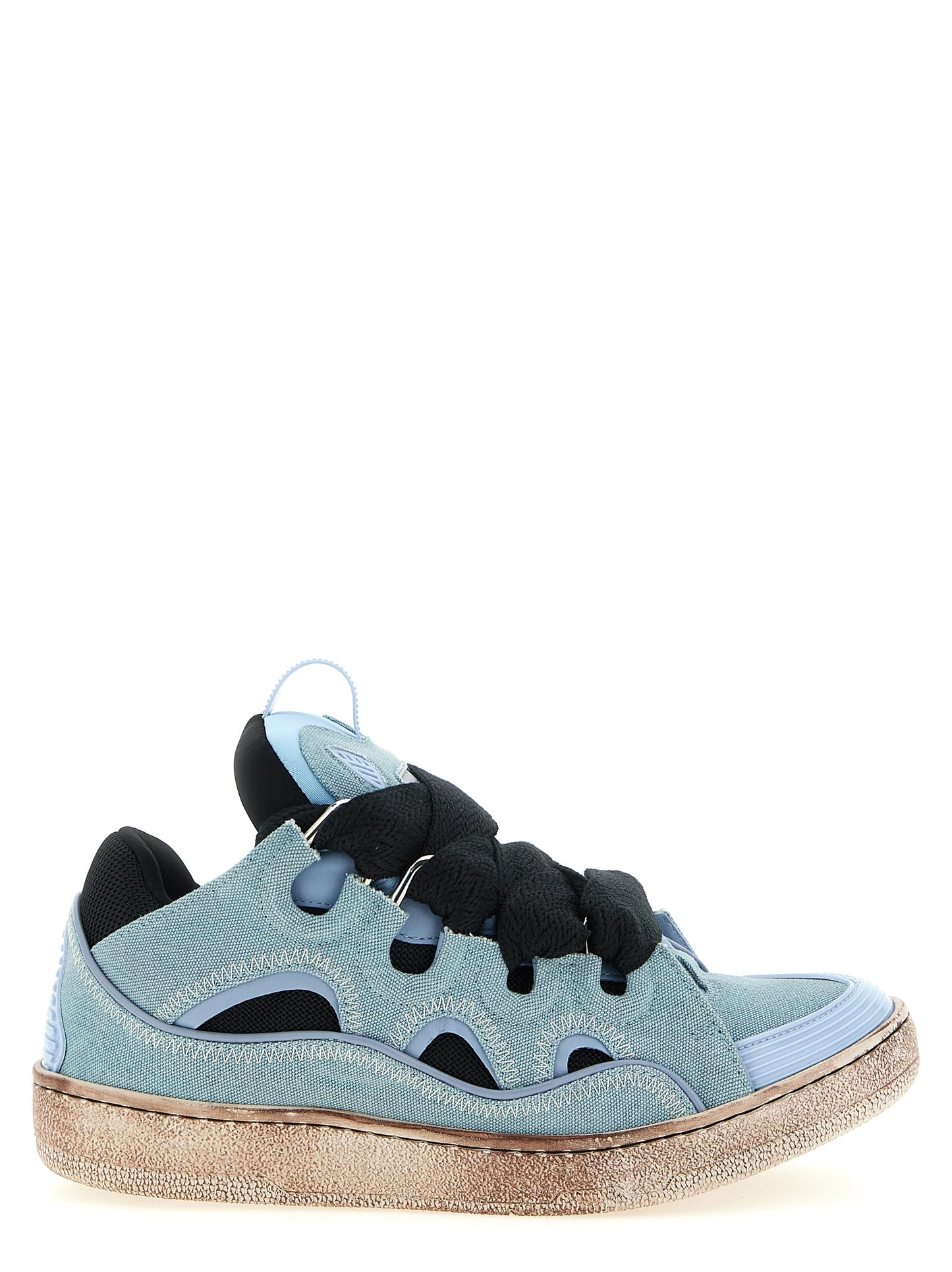 Athletic Sneakers by Lanvin for men in calf leather & cotton canvas light-blue, herringbone & signature showcases an impeccable silhouette, defined by an impeccable athletic style design that perfectly captures the essence of the Men's Athletic Calf Leather & Cotton Canvas Sneakers.