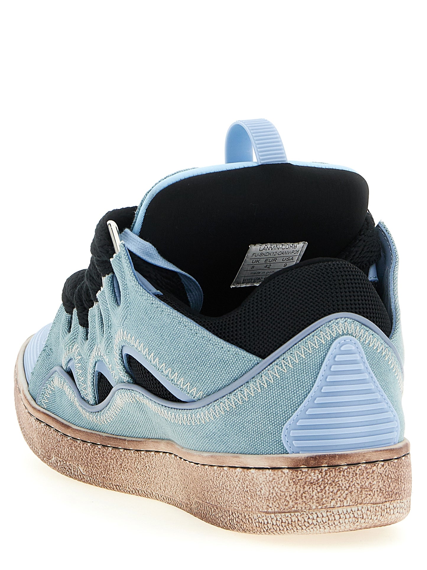 Athletic Sneakers by Lanvin for men in calf leather & cotton canvas light-blue, herringbone & signature showcases a architectural silhouette, artfully capturing the essence of the Men's Athletic Calf Leather & Cotton Canvas Sneakers with its signature architectural athletic style construction.