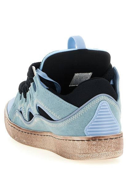 Athletic Sneakers by Lanvin for men in calf leather & cotton canvas light-blue, herringbone & signature showcases a architectural silhouette, artfully capturing the essence of the Men's Athletic Calf Leather & Cotton Canvas Sneakers with its signature architectural athletic style construction.