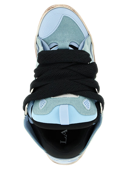 Athletic Sneakers by Lanvin for men in calf leather & cotton canvas light-blue, herringbone & signature showcases an impeccable silhouette, defined by an impeccable athletic style design that perfectly captures the essence of the Men's Athletic Calf Leather & Cotton Canvas Sneakers.