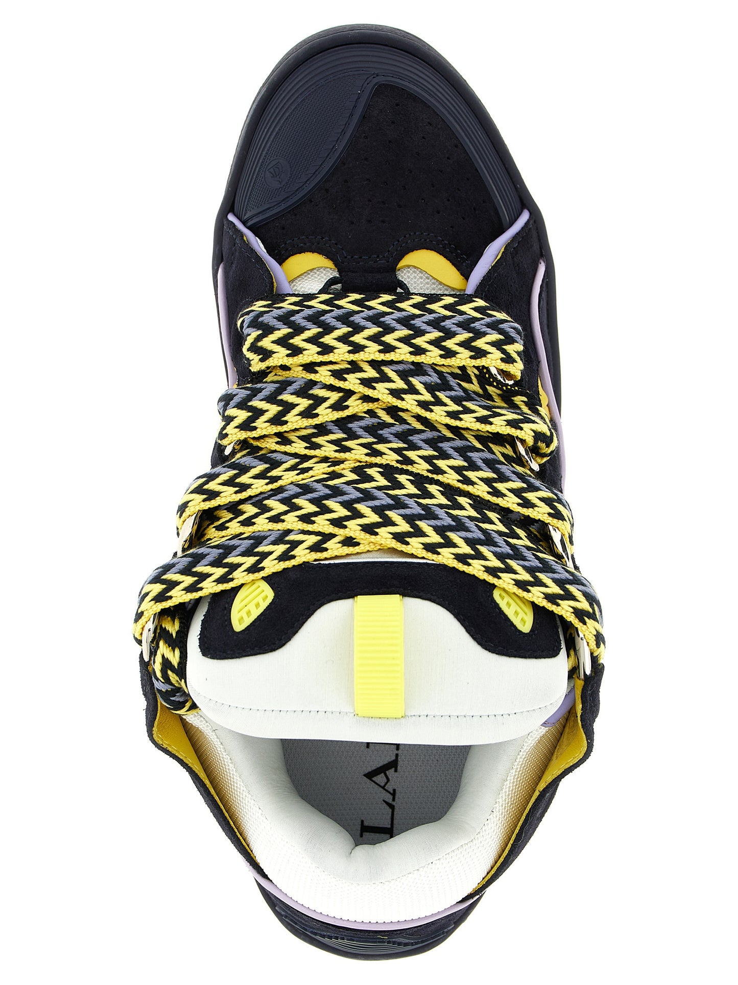 Athletic Sneakers by Lanvin for men in suede calfskin leather & polyester blue & herringbone showcases a architectural silhouette, artfully capturing the essence of the Men's Athletic Suede Calfskin Leather & Polyester Sneakers with its signature architectural athletic style construction.