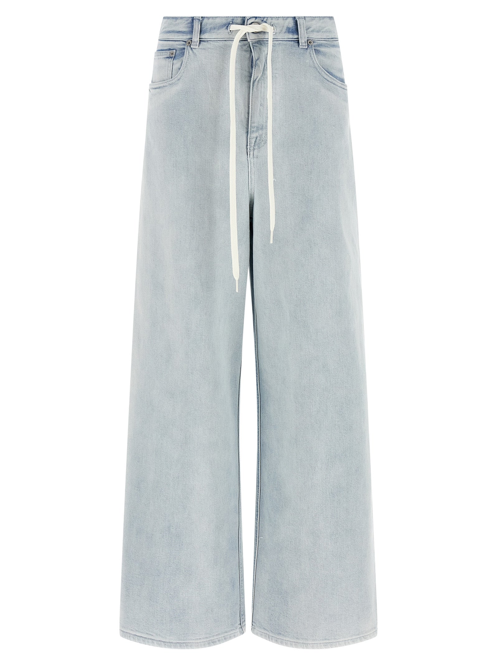 Jeans by MM6 Maison Margiela for women in stretch denim cotton light-blue, white & signature features an refined tailoring silhouette, showcasing a premium straight-leg & relaxed-fit with a and long cut for a refined tailoring look.