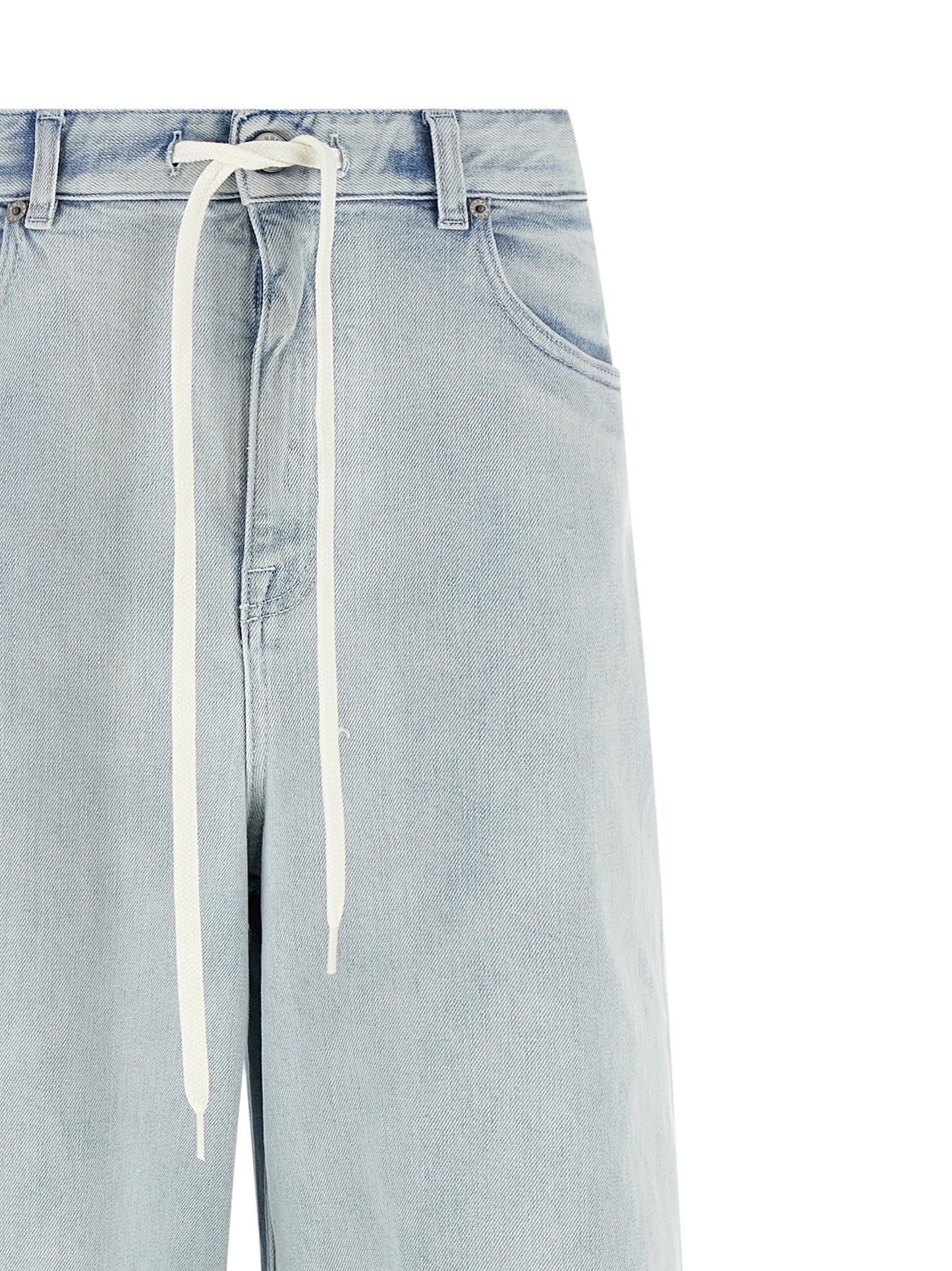Jeans by MM6 Maison Margiela for women in stretch denim cotton light-blue, white & signature presents a tailored silhouette, showcasing a tailored straight-leg & relaxed-fit and long cut with a refined for a truly tailored aesthetic.