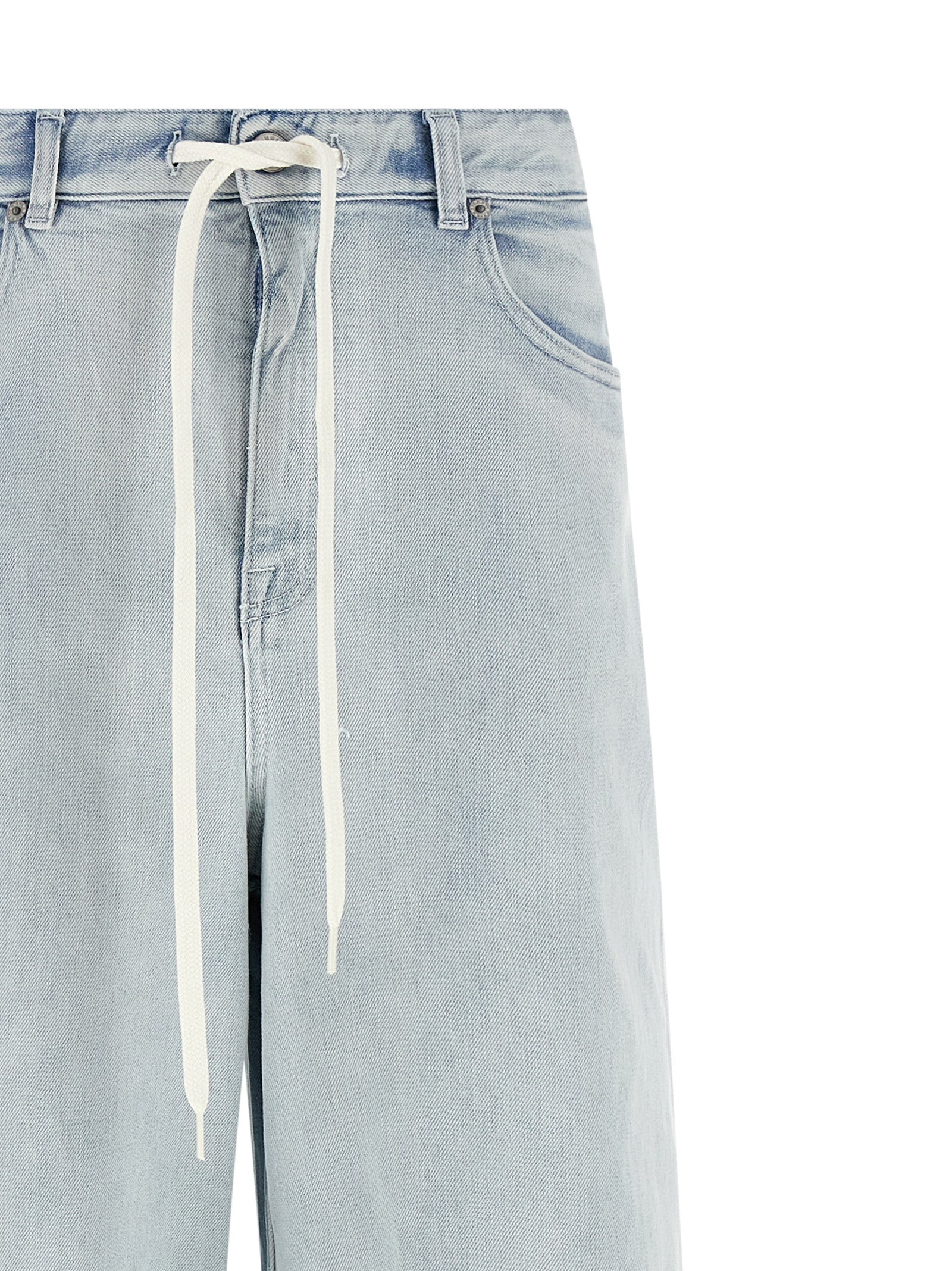 Jeans by MM6 Maison Margiela for women in stretch denim cotton light-blue, white & signature presents a tailored silhouette, showcasing a tailored straight-leg & relaxed-fit and long cut with a refined for a truly tailored aesthetic.