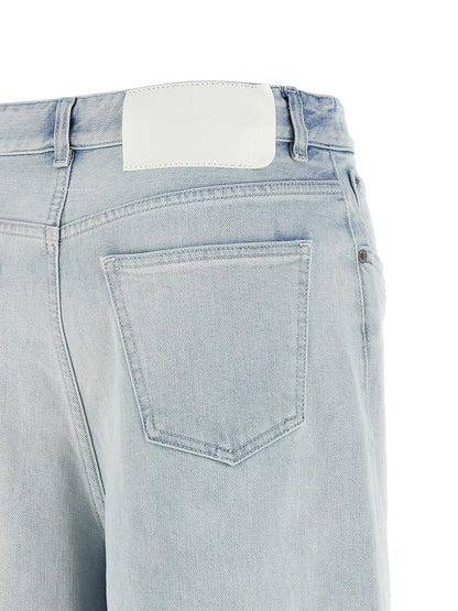 Jeans by MM6 Maison Margiela for women in stretch denim cotton light-blue, white & signature presents a refined pantology silhouette, artfully defined by a refined pantology straight-leg & relaxed-fit, long, and a sophisticated .