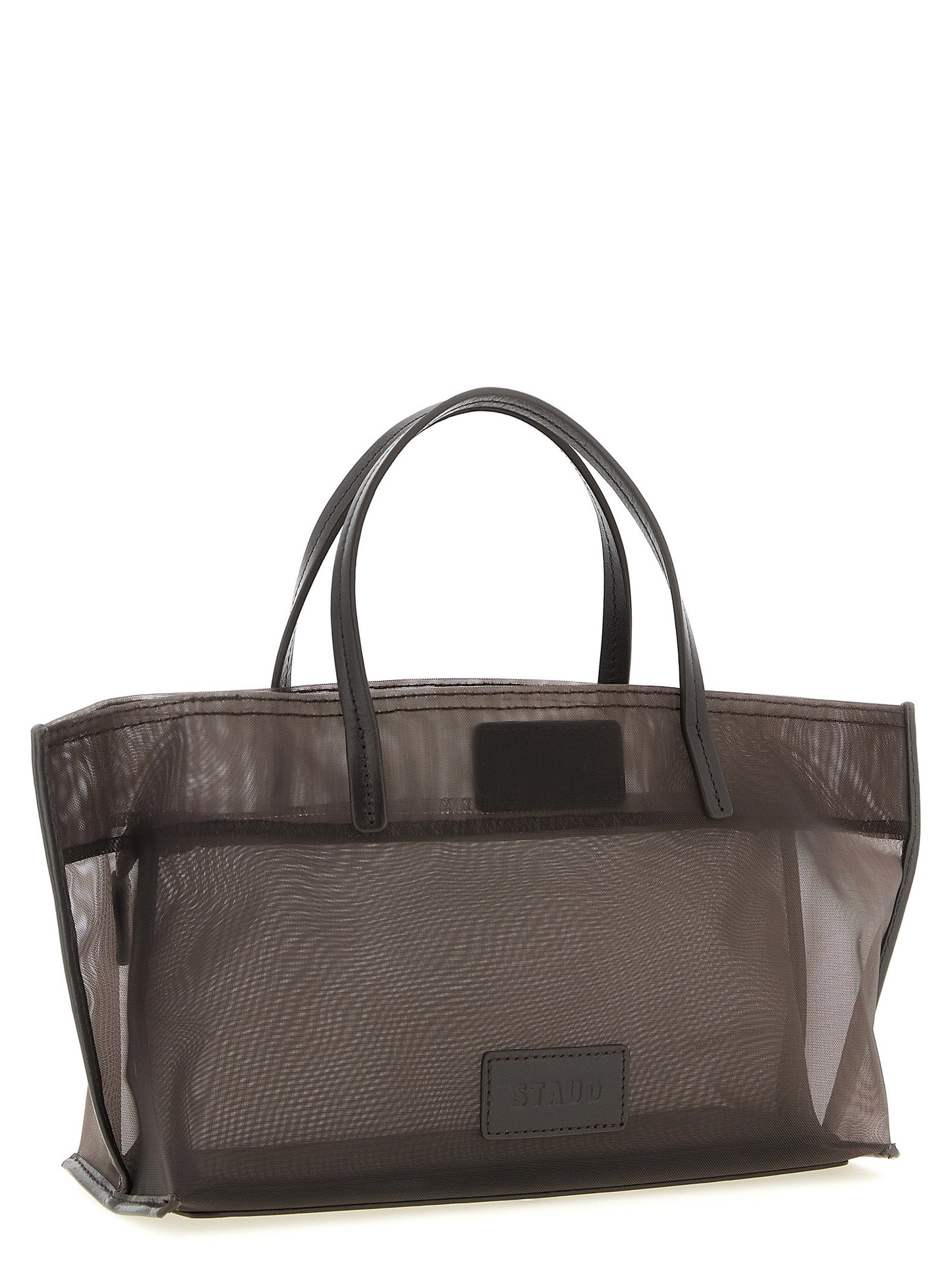 Mini Shopper Tote Clutch Bag by Staud for women in polyamide leather & mesh brown, transparent & signature features a distinguished Christos Polyamide Leather & Mesh Mini Shopper Tote Clutch Bag design, complete with a secure , ample , and versatile handle for a distinguished look.