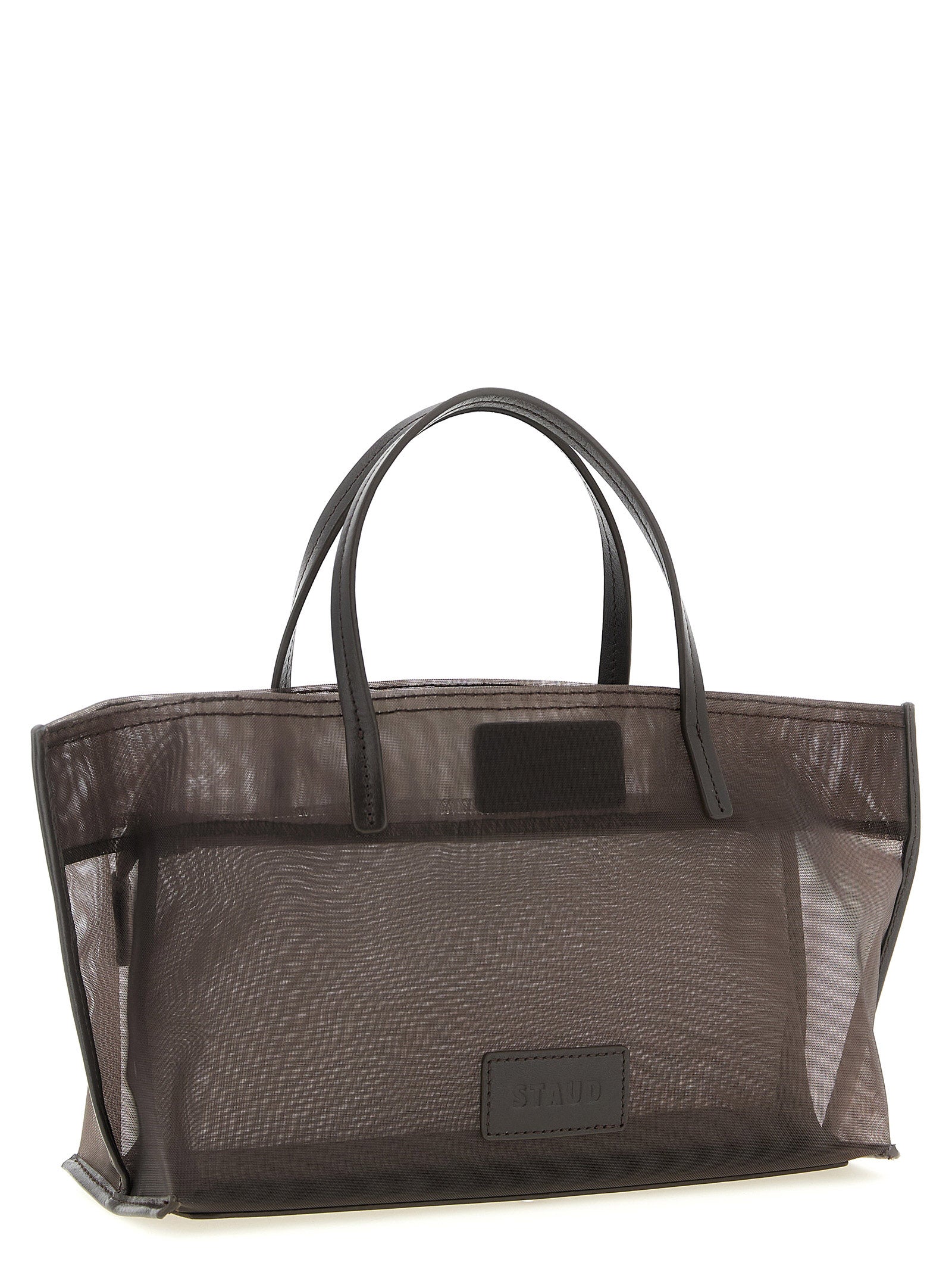 Mini Shopper Tote Clutch Bag by Staud for women in polyamide leather & mesh brown, transparent & signature features a distinguished Christos Polyamide Leather & Mesh Mini Shopper Tote Clutch Bag design, complete with a secure , ample , and versatile handle for a distinguished look.