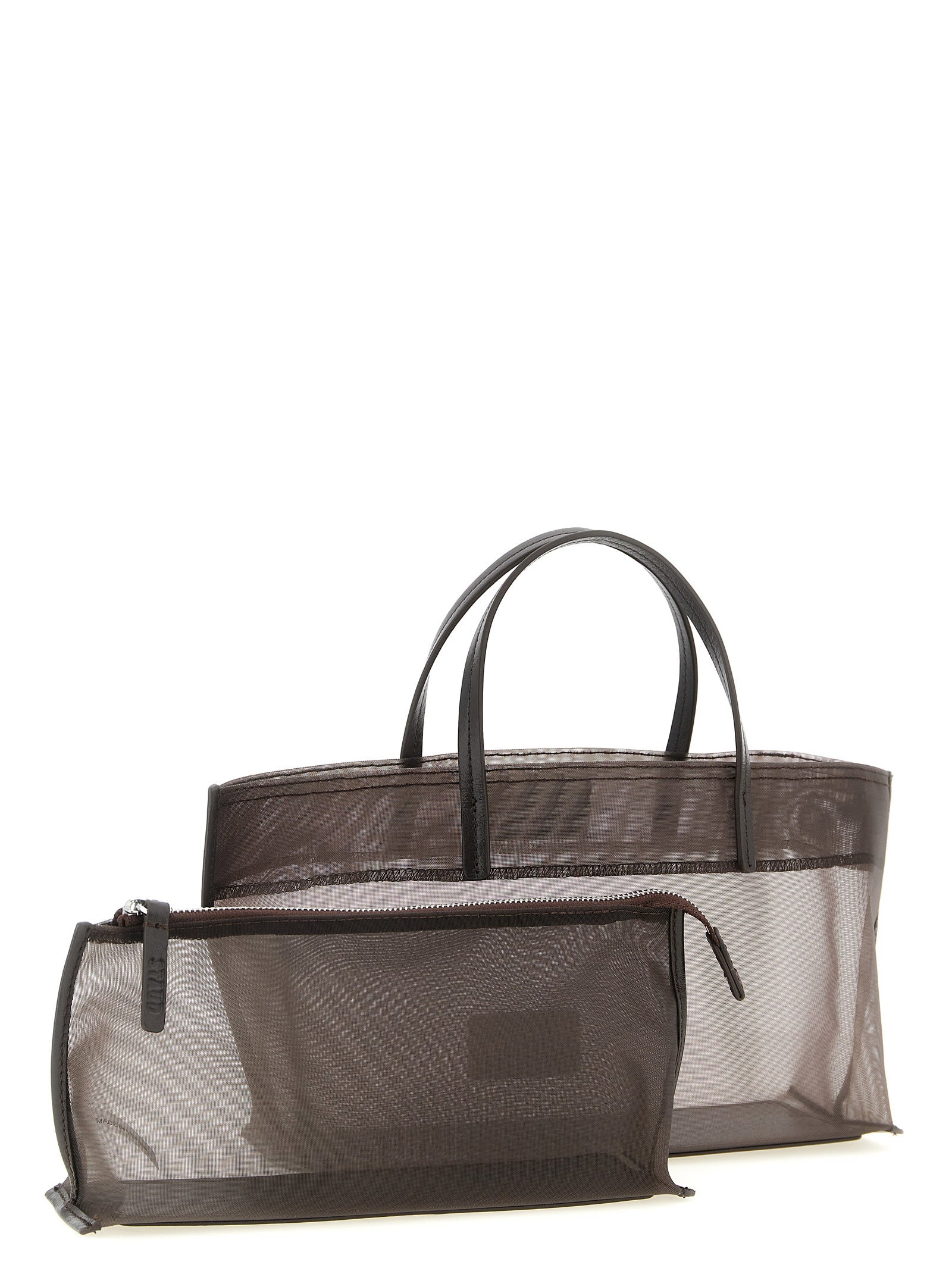 Mini Shopper Tote Clutch Bag by Staud for women in polyamide leather & mesh brown, transparent & signature features an metropolitan chic Christos Polyamide Leather & Mesh Mini Shopper Tote Clutch Bag design with a secure , metropolitan chic , and versatile handle for a metropolitan chic look.