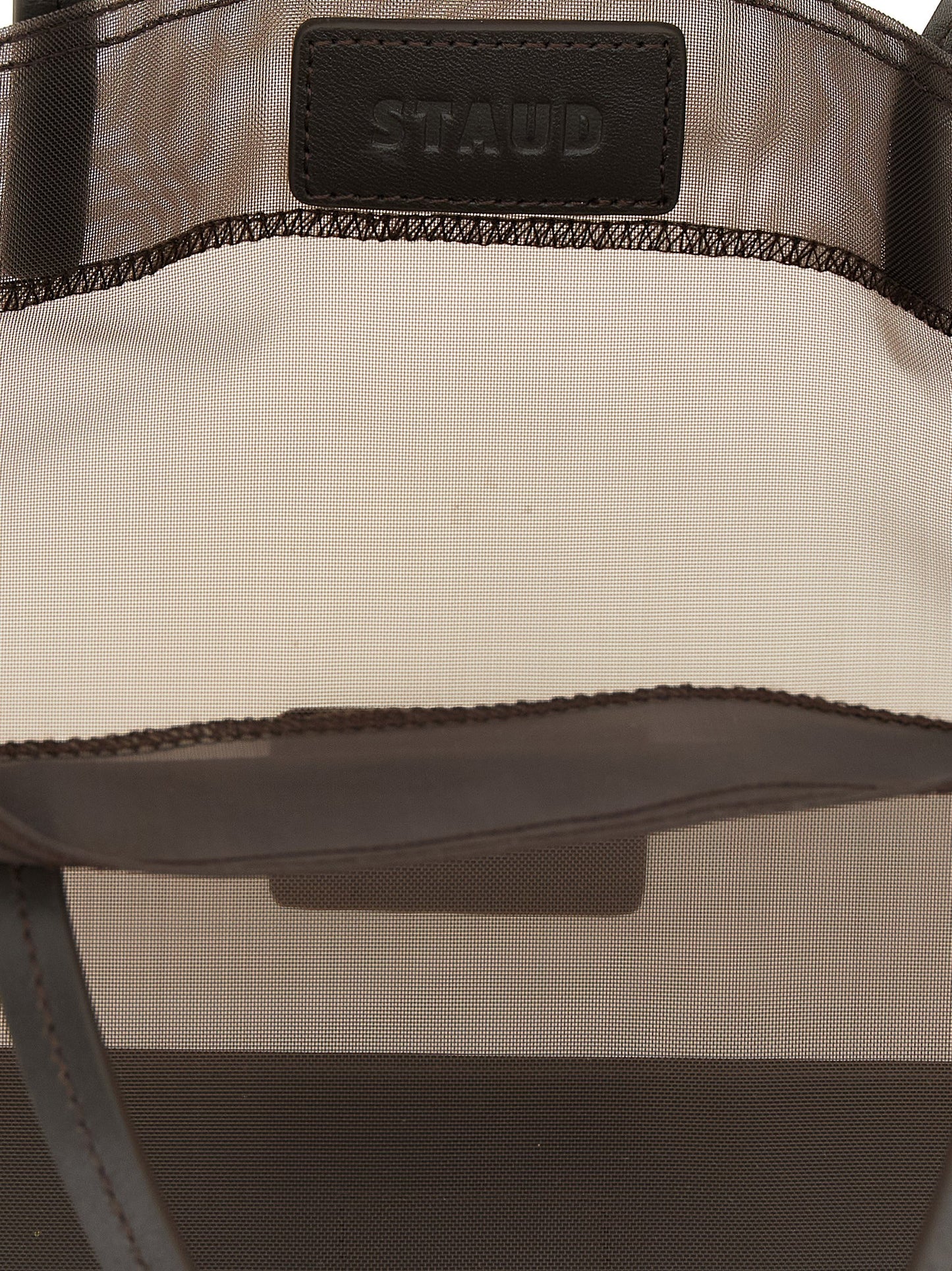 Mini Shopper Tote Clutch Bag by Staud for women in polyamide leather & mesh brown, transparent & signature features a urban sophisticate Christos Polyamide Leather & Mesh Mini Shopper Tote Clutch Bag design with a secure , ample , and versatile handle for a urban sophisticate finish.
