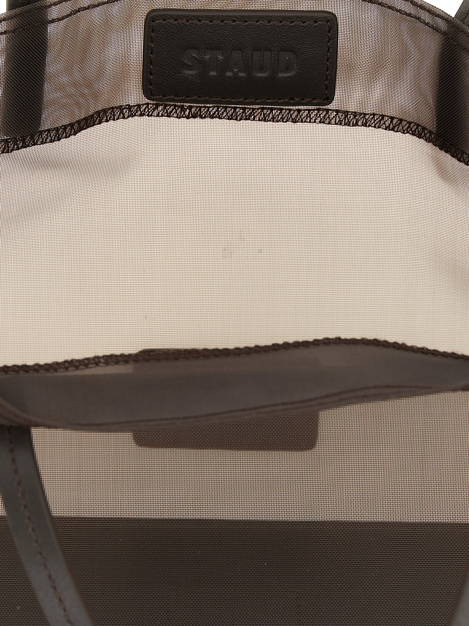 Mini Shopper Tote Clutch Bag by Staud for women in polyamide leather & mesh brown, transparent & signature features a urban sophisticate Christos Polyamide Leather & Mesh Mini Shopper Tote Clutch Bag design with a secure , ample , and versatile handle for a urban sophisticate finish.