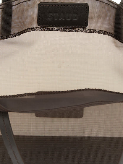 Mini Shopper Tote Clutch Bag by Staud for women in polyamide leather & mesh brown, transparent & signature features a urban sophisticate Christos Polyamide Leather & Mesh Mini Shopper Tote Clutch Bag design with a secure , ample , and versatile handle for a urban sophisticate finish.