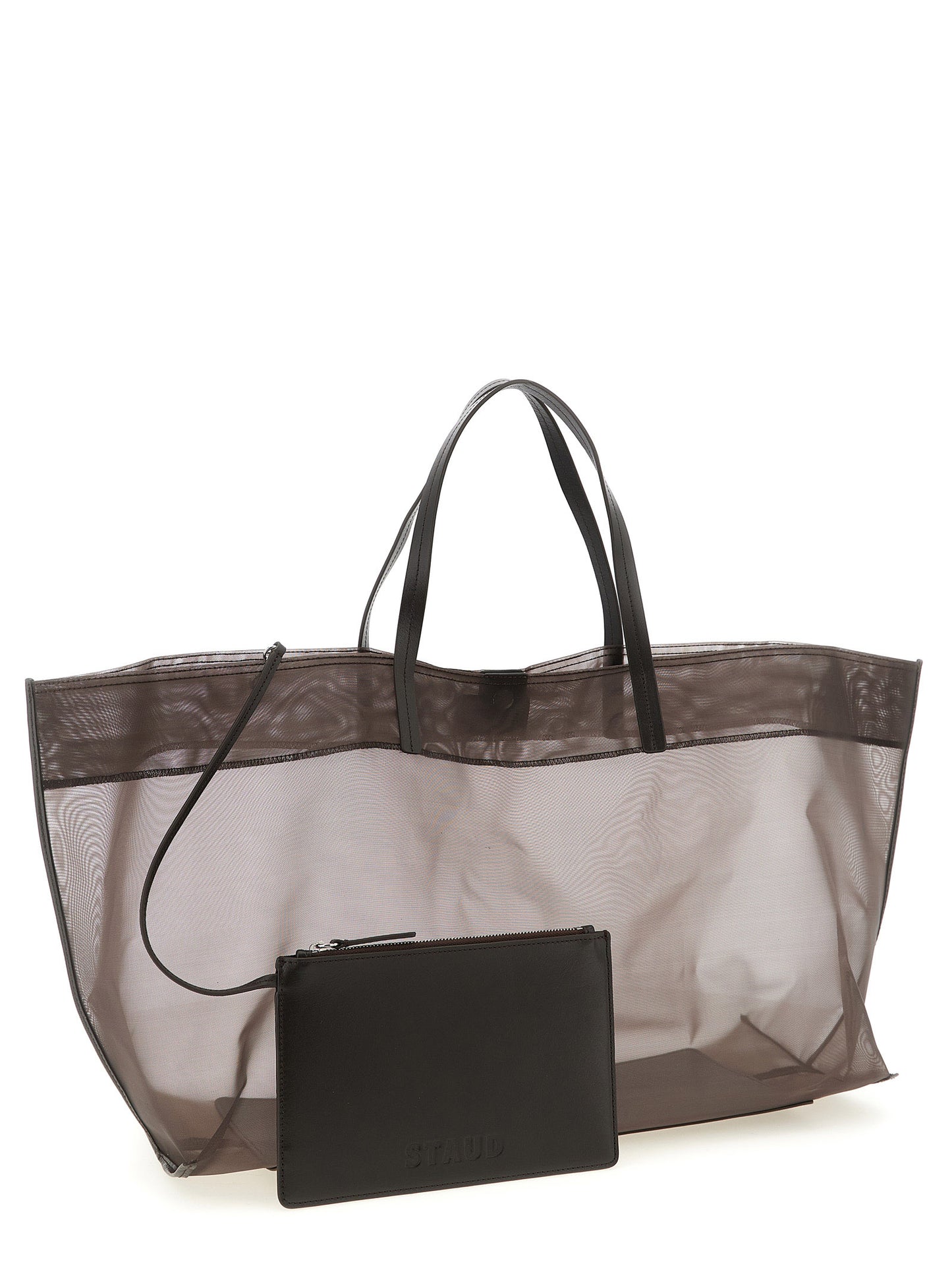 Large Shopper Tote Clutch Bag by Staud for women in leather brown & transparent features an jet-set-ready silhouette, showcasing the Christos Leather Large Shopper Tote Clutch Bag design with a secure magnetic, ample , and versatile handle.