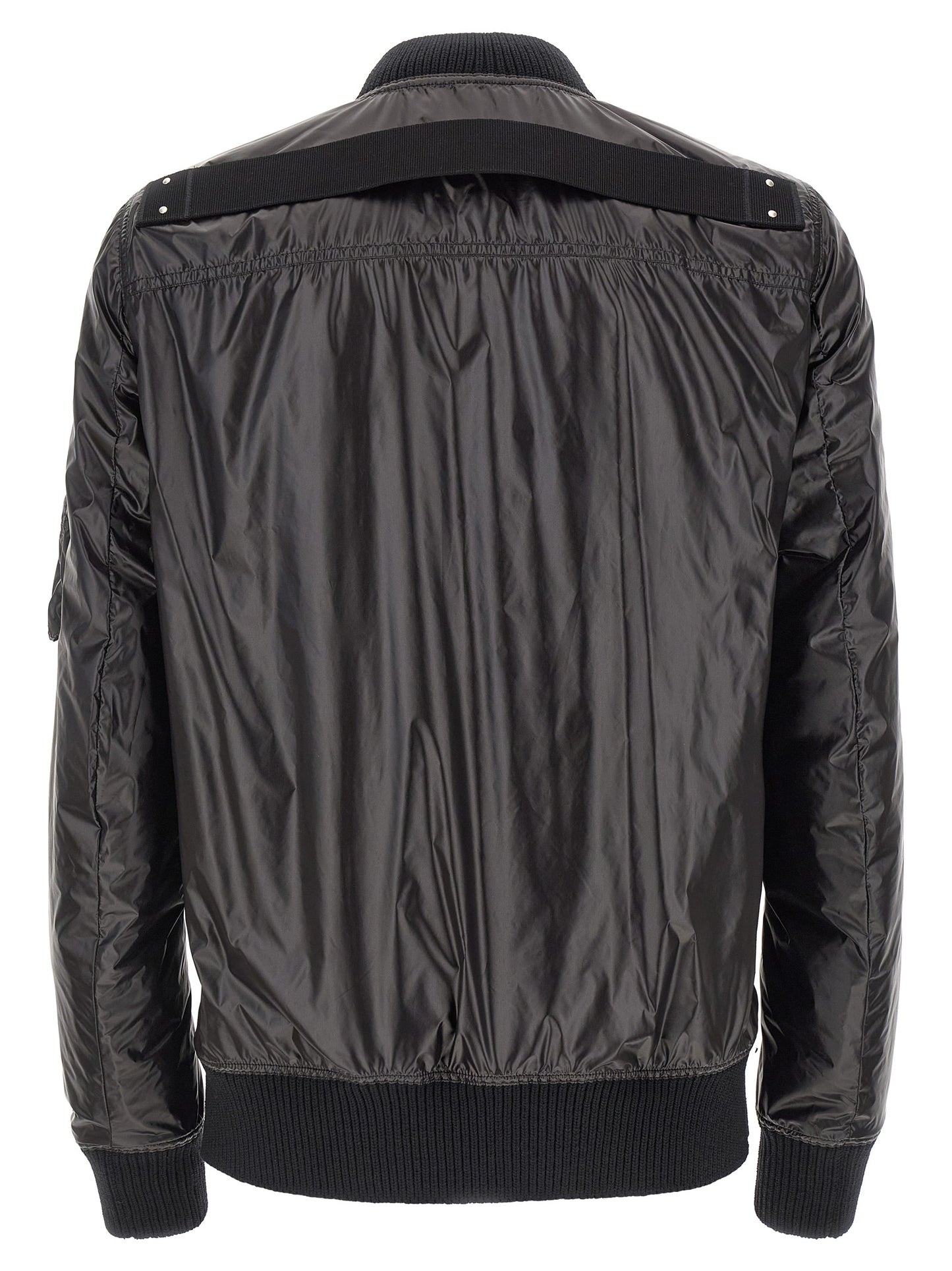 Bomber Jacket by Rick Owens for men in nylon black showcases a bohemian silhouette, artfully detailed with a bohemian and signature pockets for a truly bohemian finish.