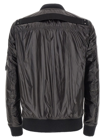 Bomber Jacket by Rick Owens for men in nylon black showcases a bohemian silhouette, artfully detailed with a bohemian and signature pockets for a truly bohemian finish.