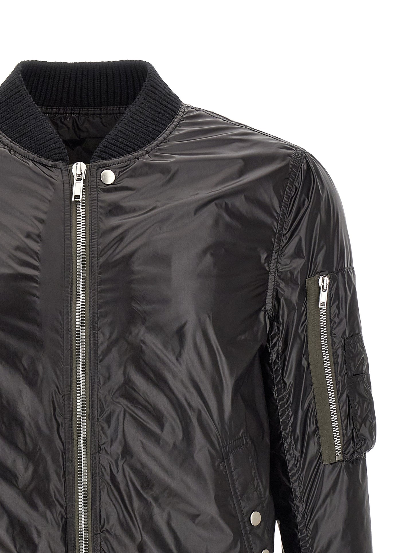 Bomber Jacket by Rick Owens for men in nylon black features an contemporary silhouette, showcasing a sophisticated and contemporary pockets for a truly refined look.
