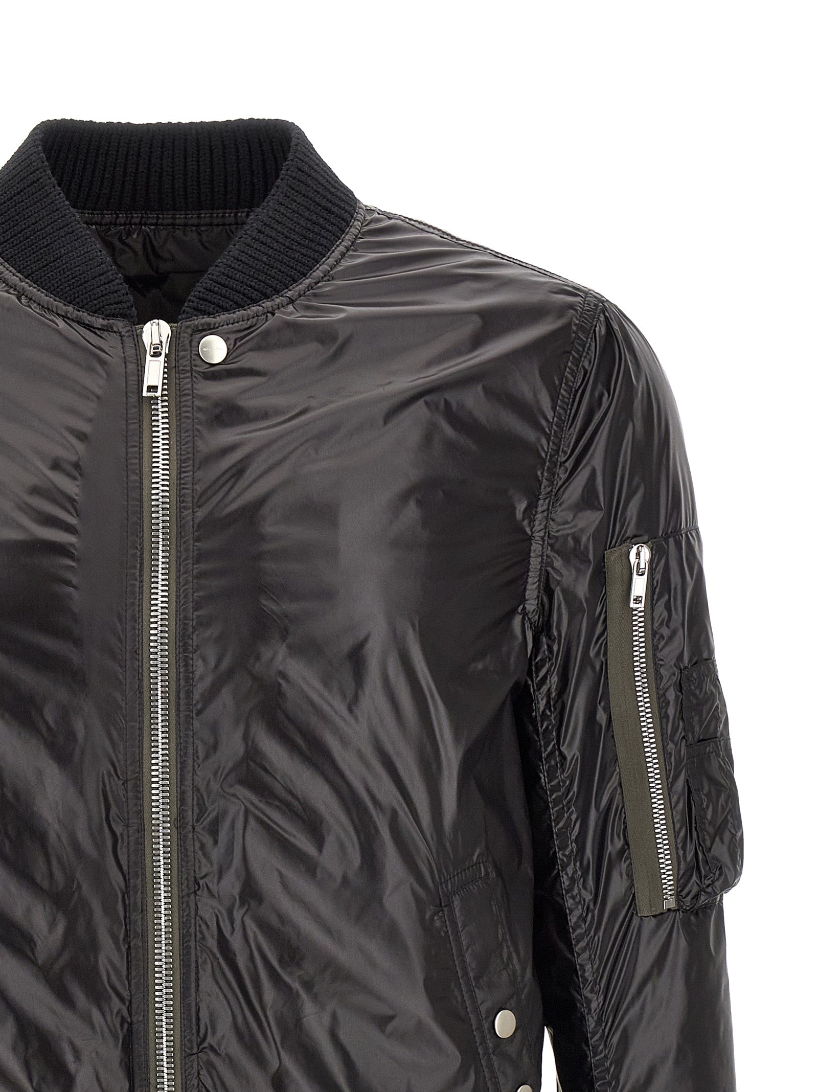 Bomber Jacket by Rick Owens for men in nylon black features an contemporary silhouette, showcasing a sophisticated and contemporary pockets for a truly refined look.