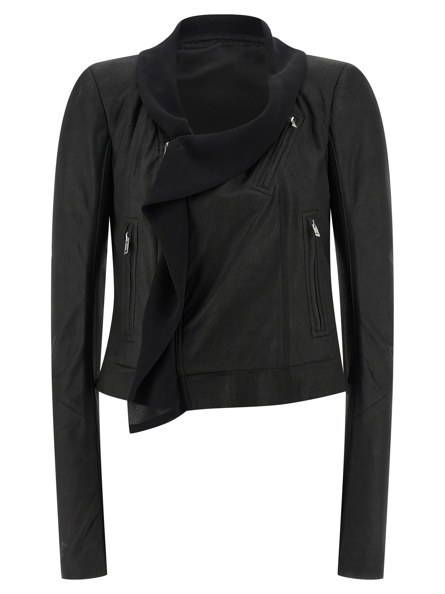 Rick Owens Women's Crop Top Padded Biker Silk & Lamb Leather Jacket - Black