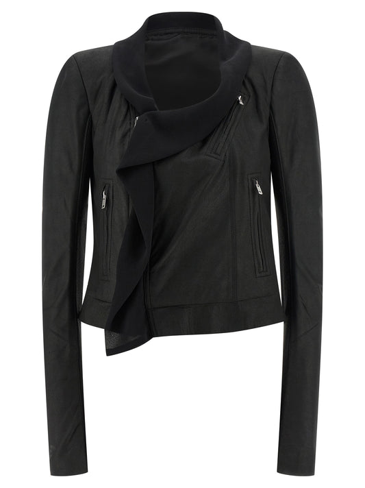 Rick Owens Women's Crop Top Padded Biker Silk & Lamb Leather Jacket - Black