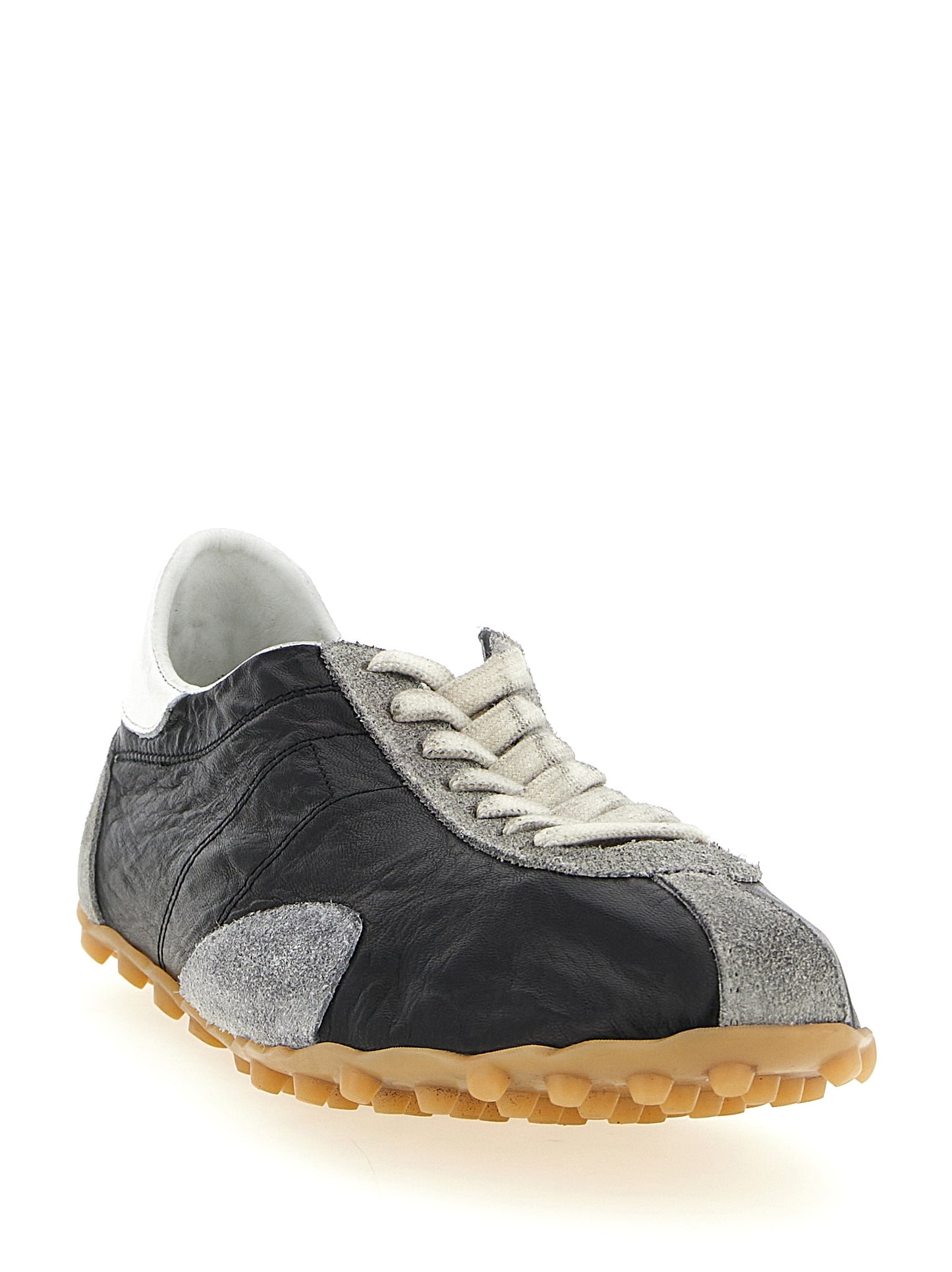 Athletic Sneakers by Maison Margiela for men in capra leather & cashmere multicolor & signature showcases a architectural silhouette, artfully capturing the essence of the Men's Athletic Capra Leather & Cashmere Sneakers with its signature architectural athletic style construction.