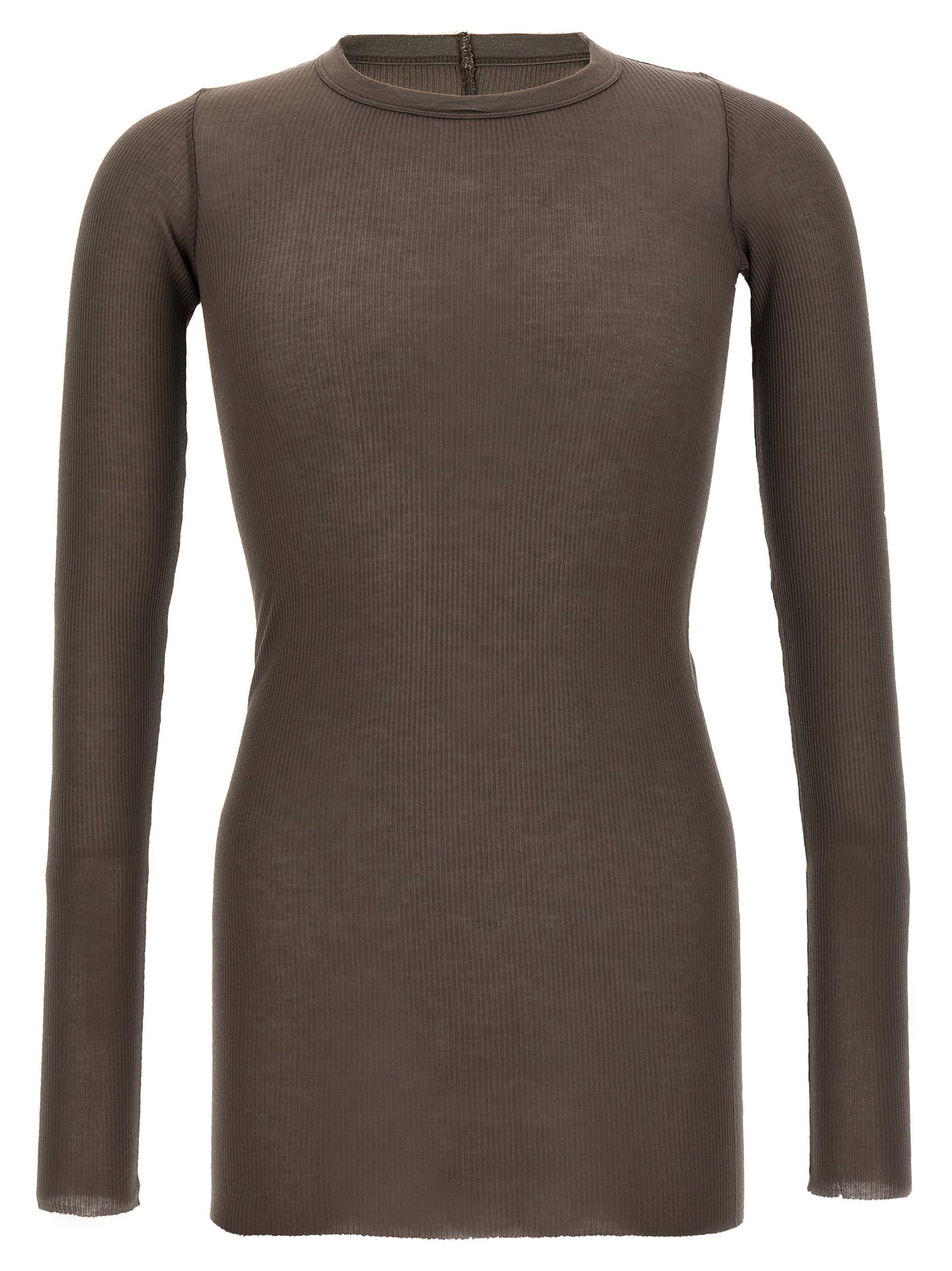 T-Shirt by Rick Owens for men in silk & viscose gray features a plush silhouette, showcasing a sophisticated crew neckline and long-sleeve for a truly plush finish.