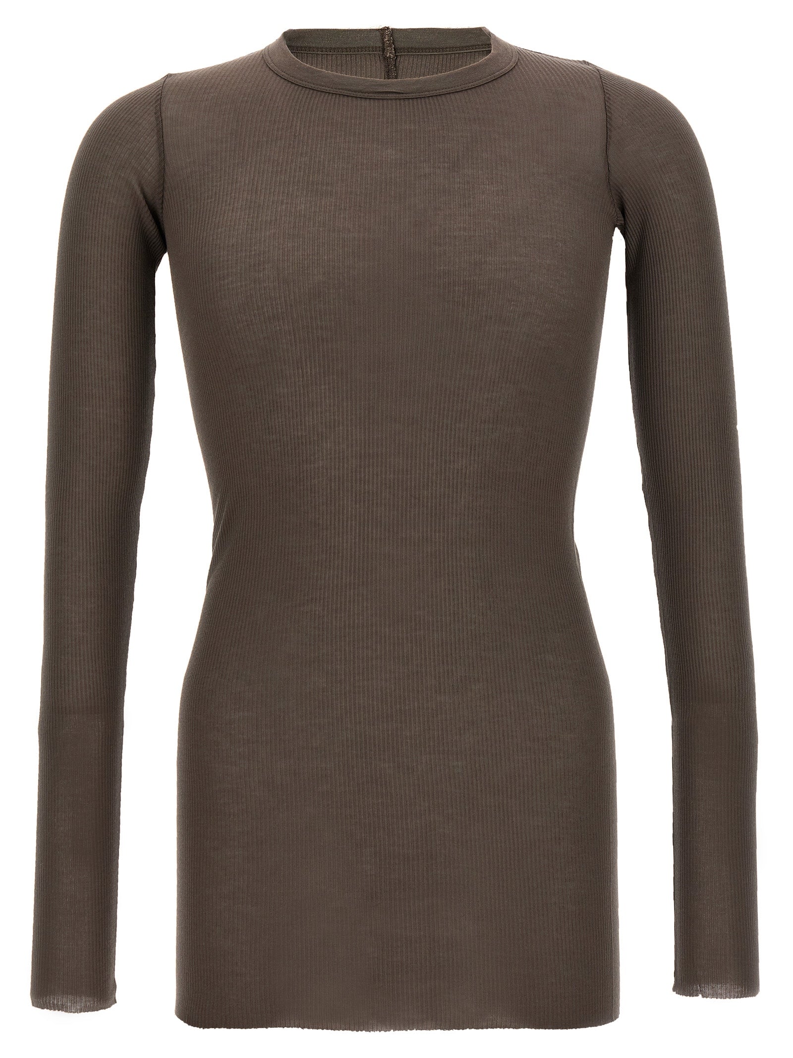T-Shirt by Rick Owens for men in silk & viscose gray features a plush silhouette, showcasing a sophisticated crew neckline and long-sleeve for a truly plush finish.