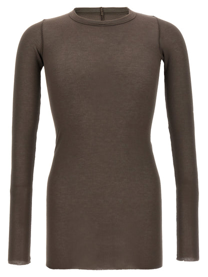T-Shirt by Rick Owens for men in silk & viscose gray features a plush silhouette, showcasing a sophisticated crew neckline and long-sleeve for a truly plush finish.