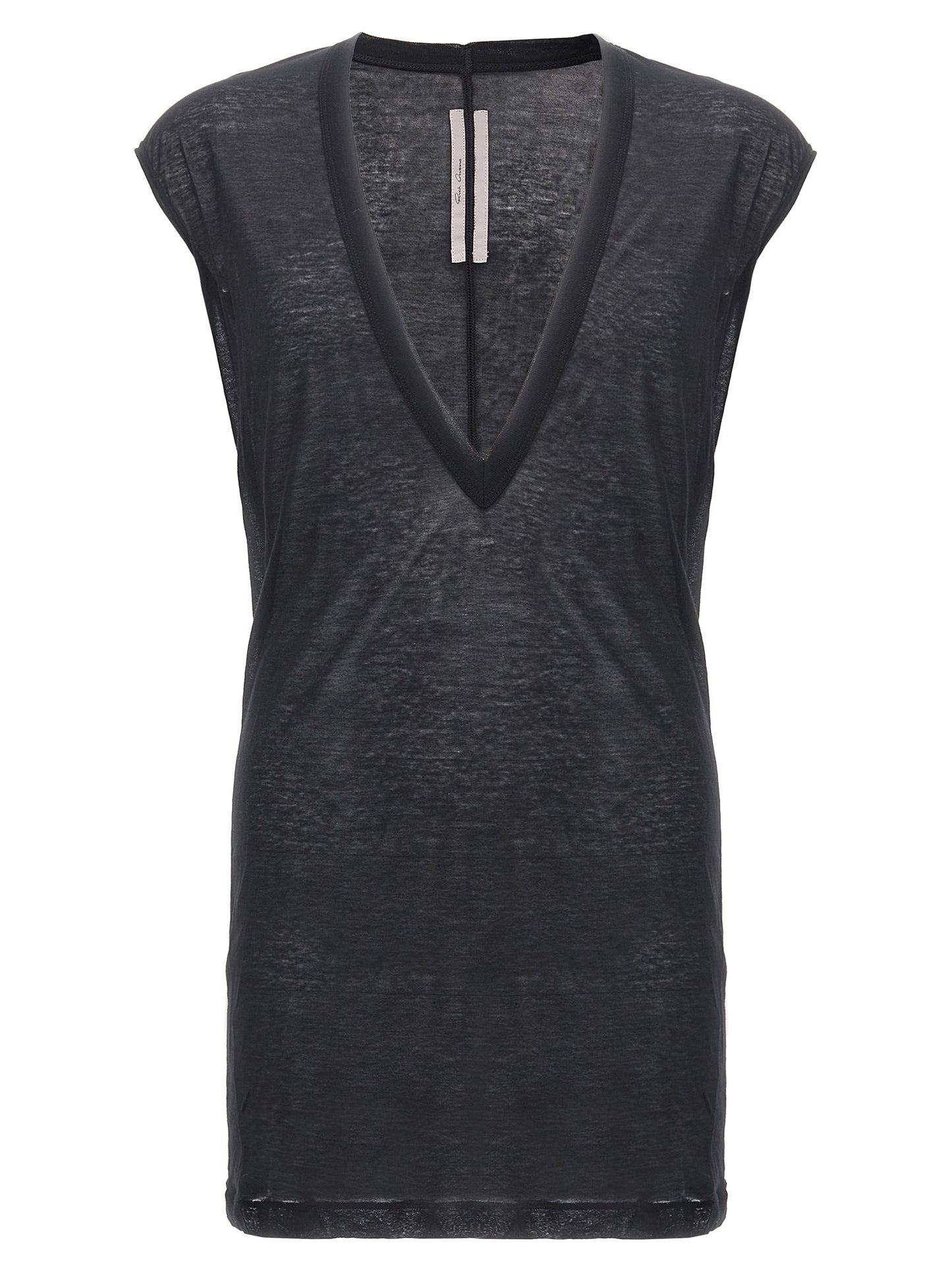T-Shirt by Rick Owens for men in cotton black & transparent showcases a fashionable silhouette, elegantly detailed with a fashionable short-sleeve and v-neck neckline for a sophisticated, high-fashion look.