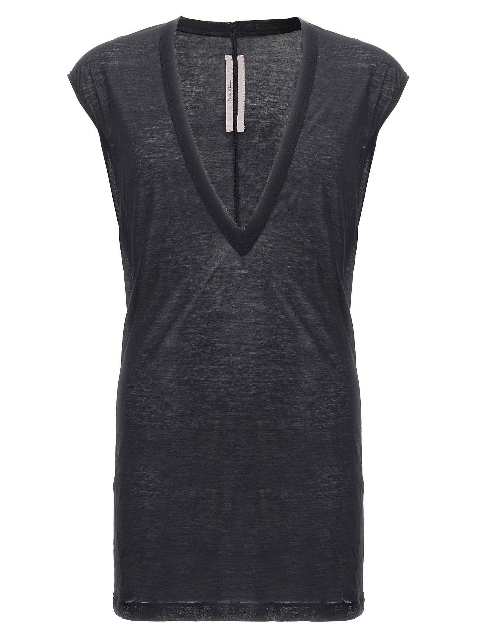 T-Shirt by Rick Owens for men in cotton black & transparent showcases a fashionable silhouette, elegantly detailed with a fashionable short-sleeve and v-neck neckline for a sophisticated, high-fashion look.