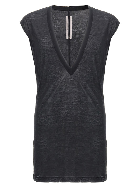 T-Shirt by Rick Owens for men in cotton black & transparent showcases a fashionable silhouette, elegantly detailed with a fashionable short-sleeve and v-neck neckline for a sophisticated, high-fashion look.