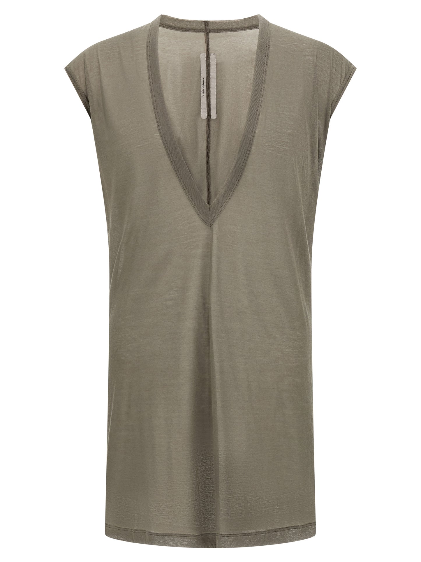 T-Shirt by Rick Owens for men in cotton gray & transparent showcases a unassuming silhouette, artfully detailed with a refined v-neck neckline and unassuming short-sleeve for a sophisticated, contemporary look.