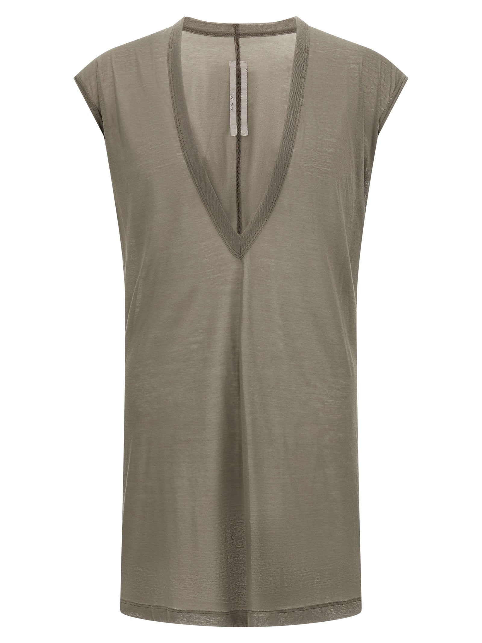 T-Shirt by Rick Owens for men in cotton gray & transparent showcases a unassuming silhouette, artfully detailed with a refined v-neck neckline and unassuming short-sleeve for a sophisticated, contemporary look.