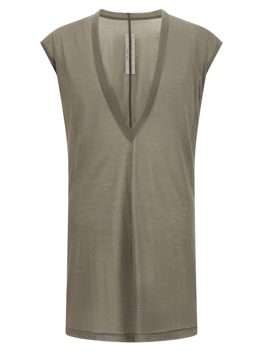 T-Shirt by Rick Owens for men in cotton gray & transparent showcases a unassuming silhouette, artfully detailed with a refined v-neck neckline and unassuming short-sleeve for a sophisticated, contemporary look.