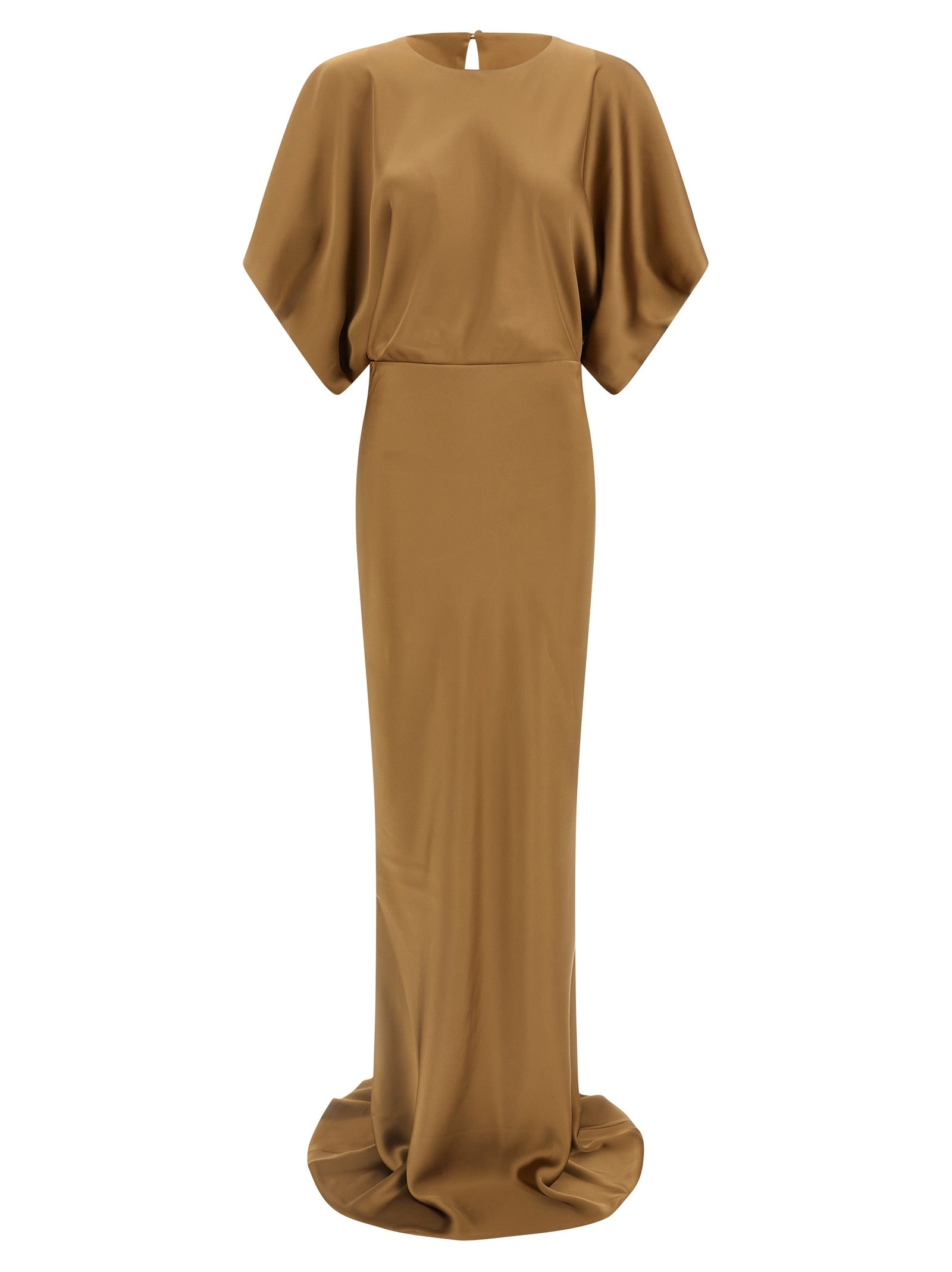 Dress by Norma Kamali for women in polyester satin beige features an cute silhouette, detailed with a short-sleeve and crew neckline that elegantly flows into a cute short long.