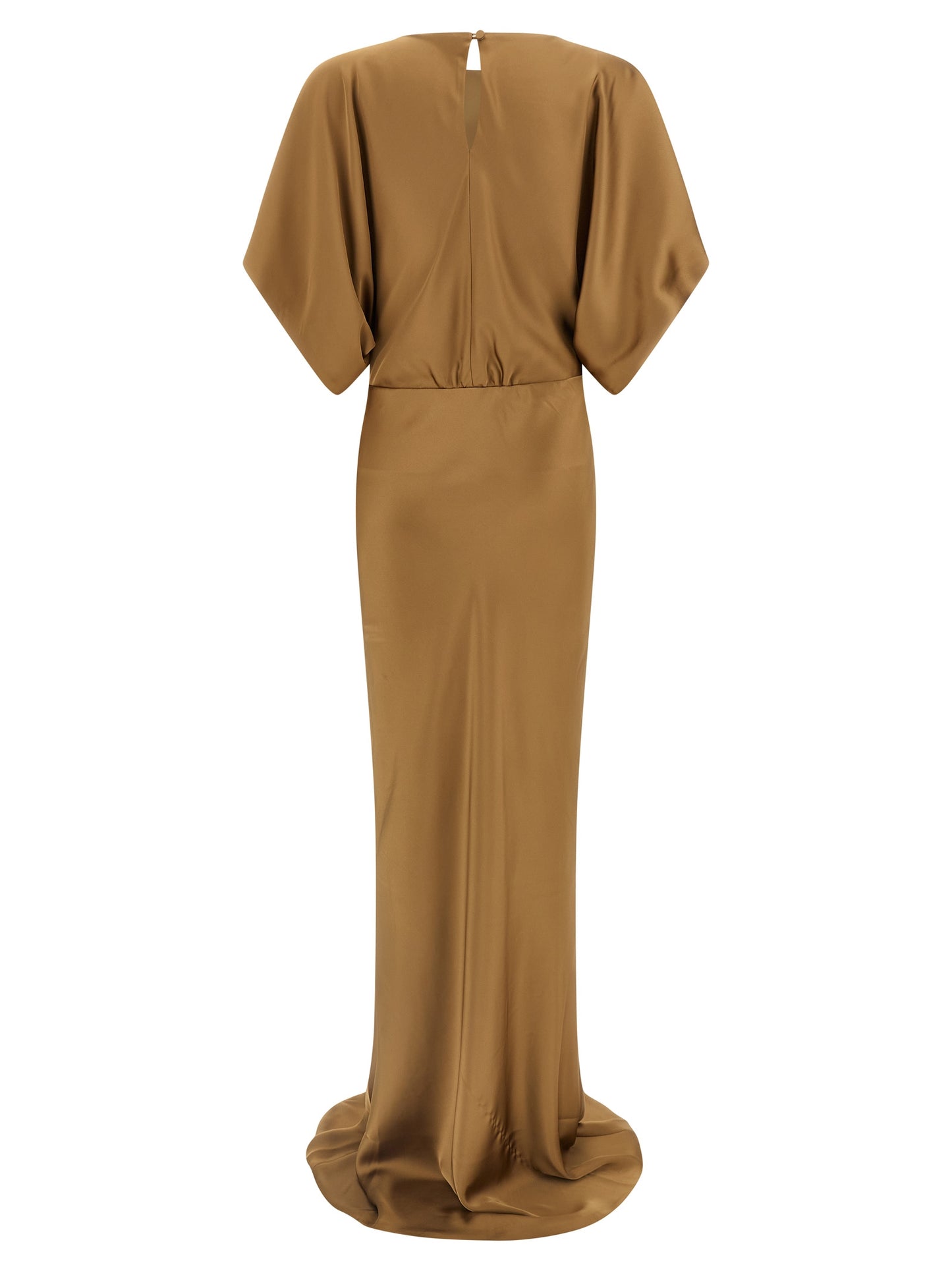 Dress by Norma Kamali for women in polyester satin beige features a dramatic silhouette, showcasing an elegant crew neckline and that flows into a dramatic short long.