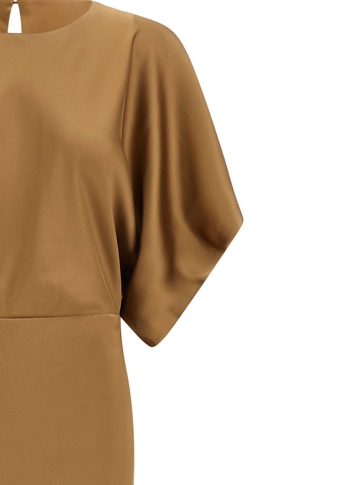 Dress by Norma Kamali for women in polyester satin beige features a dramatic silhouette, showcasing an elegant crew neckline and that flows into a dramatic short long.