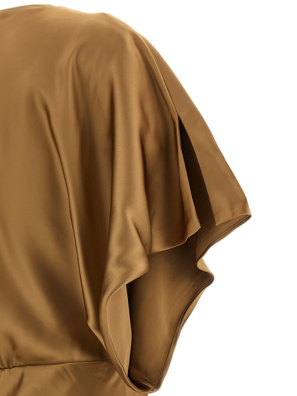 Dress by Norma Kamali for women in polyester satin beige presents a sinuous silhouette, showcasing a sophisticated and detailed with a sinuous short long for a refined finish.