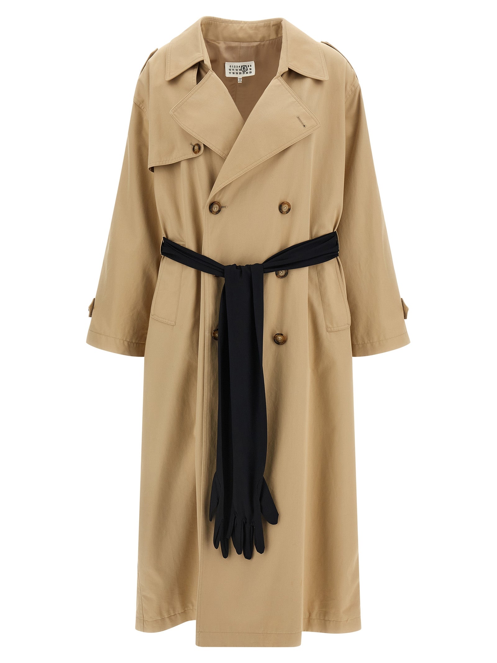 This MM6 Maison Margiela women stretch cotton Trench Coat in beige presents a high style silhouette, meticulously detailed with pockets and a high style lapel neckline for a sophisticated, timeless look.