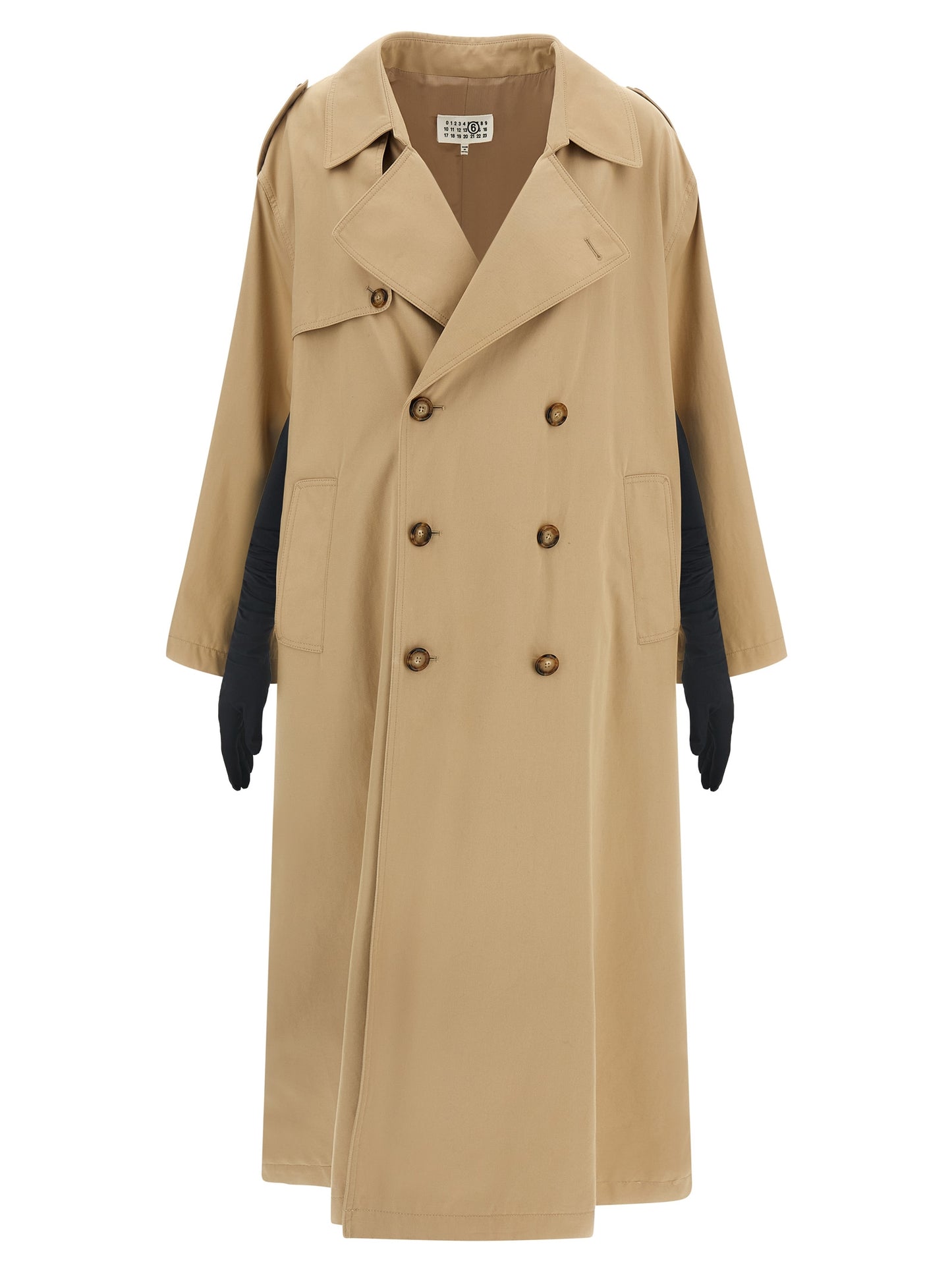 Trench Coat by MM6 Maison Margiela for women in stretch cotton beige features an dramatic silhouette, perfectly showcasing the elegant lapel neckline and sophisticated pockets for a truly dramatic aesthetic.