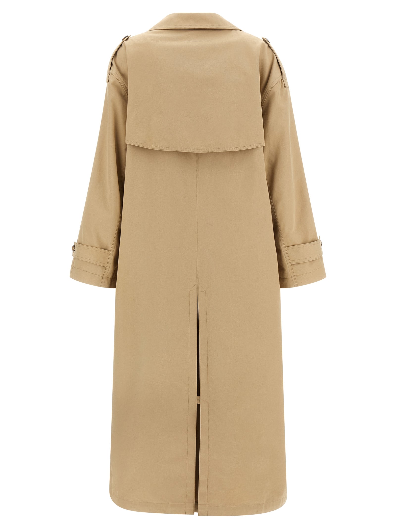 Trench Coat by MM6 Maison Margiela for women in stretch cotton beige presents a utilitarian silhouette, showcasing a utilitarian lapel neckline and sophisticated pockets for a truly utilitarian look.