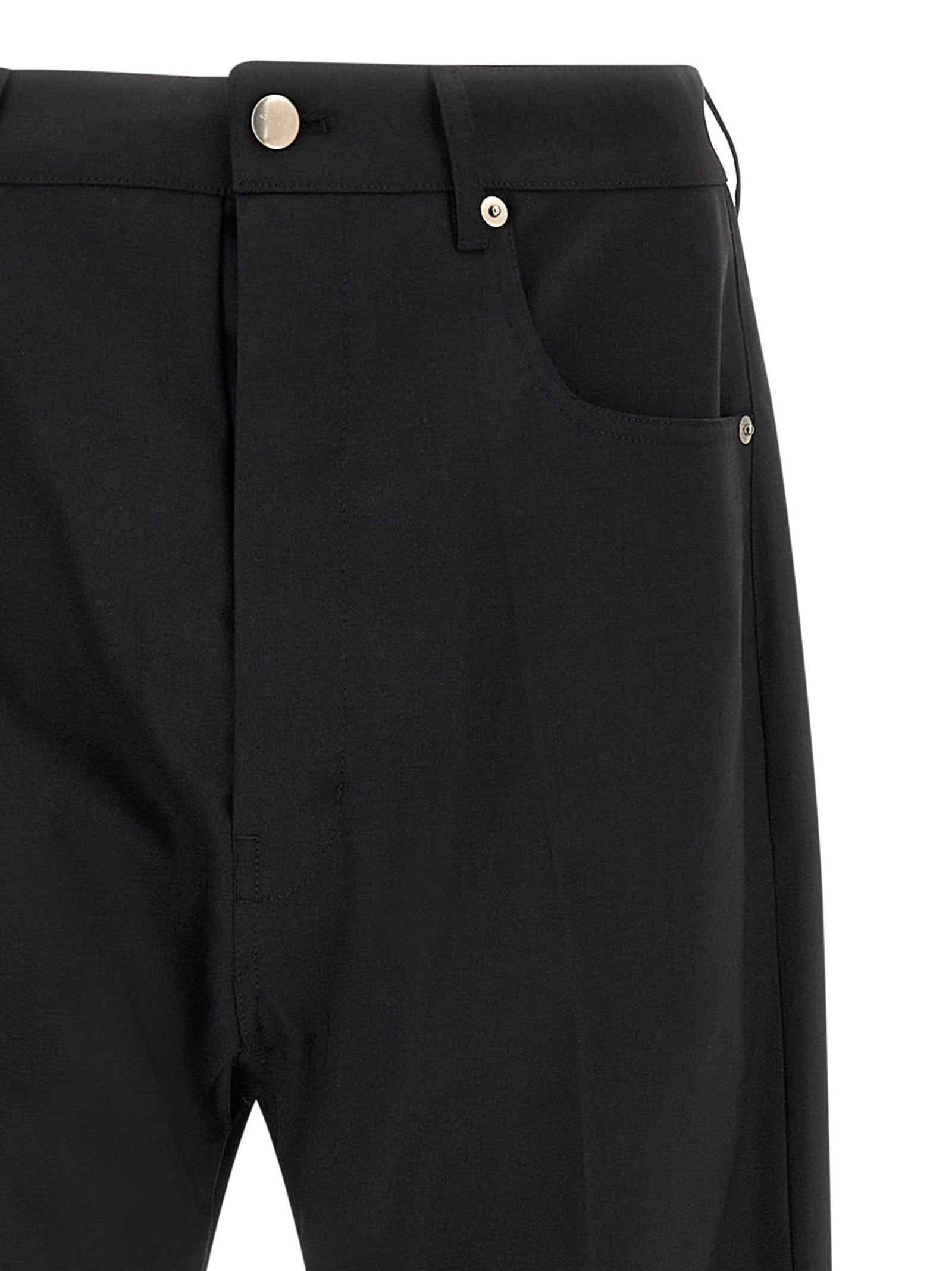 Jeans by Rick Owens for men in denim & virgin wool black features a polished silhouette with a polished wide, reaching a polished long and finished with a polished low rise.