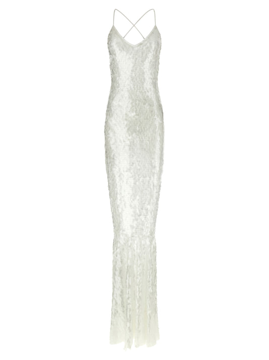 Dress by Norma Kamali for women in polyamide mesh & sequins transparent & white features an magnificent silhouette, artfully detailed with a magnificent round v-neck neckline and that flows into an magnificent long.