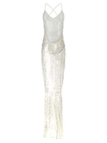 Norma Kamali Women's Mermaid Round Neck &V Polyamide Mesh & Sequins Dress - Transparent White